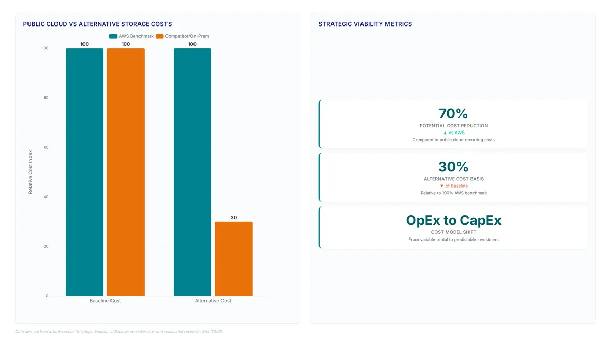 Comparison chart showing 70% cost reduction potential when switching from AWS baseline (100%) to alternative on-premises storage (30%), alongside key metrics on OpEx to CapEx shifts.