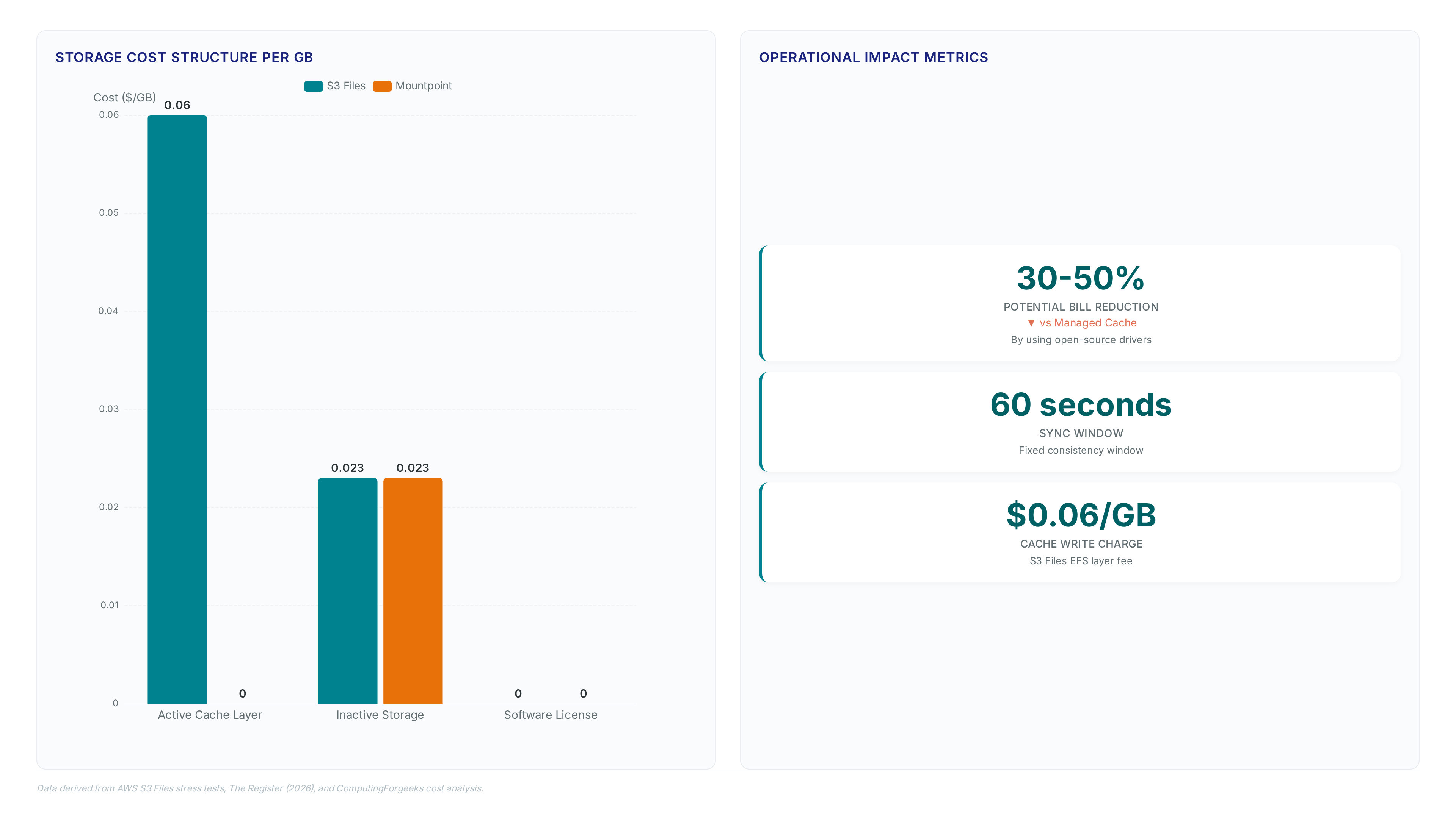 Chart comparing S3 Files and Mountpoint costs showing $0.06/GB cache fees for S3 Files versus zero for Mountpoint, alongside metrics highlighting 30-50% potential bill reduction and a 60-second sync window.